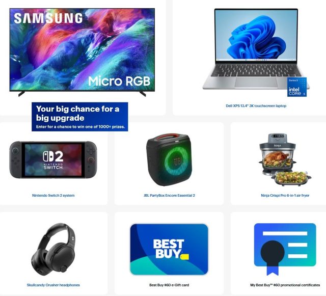 Best Buy 60th Anniversary Giveaway – 1,200 Winners. Win Samsung TV’s, Laptops, Nintendo Switch, Appliances, Drones, Speakers, Gift Cards and more. Daily Entry, Ends 8/23. Amazing prizes in this one, make sure to enter