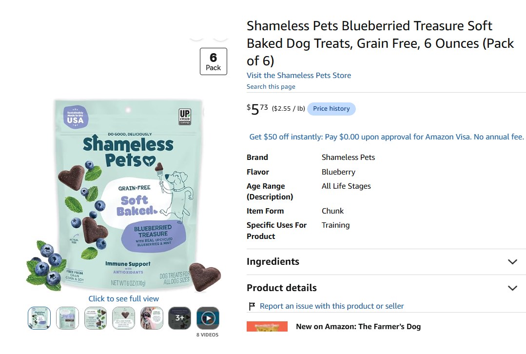 Glitch Price: 6 Bags of 6oz Shameless Pets Blueberried Treasure Soft Baked Dog Treats only $5.72 (Reg $36)
