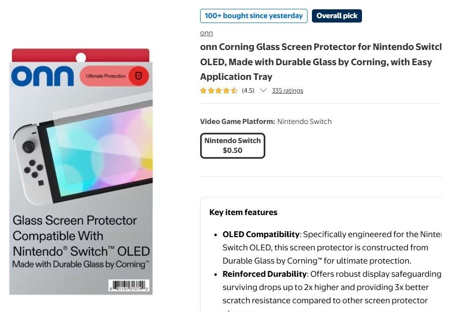 Glitch Price: onn Corning Glass Screen Protector for Nintendo Switch OLED with Easy Application Tray only 50 cents
