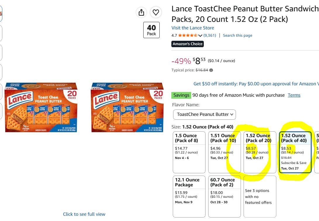2 Packs of 20ct Lance ToastChee Peanut Butter Sandwich Crackers Snack Packs only $8.53 or $7.63