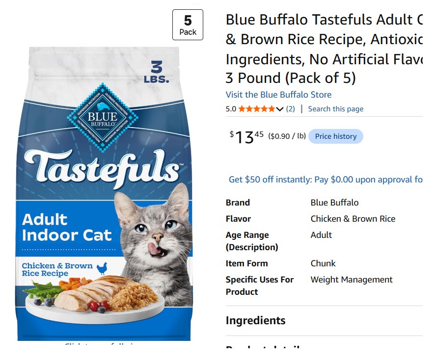 Glitch Price: 5 bags of 3 Pounds Blue Buffalo Tastefuls Adult Cat Food, Chicken & Brown Rice Recipe only $13 (Reg $47)