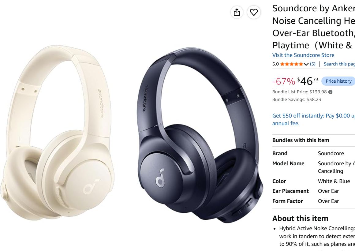 2 Pack Soundcore by Anker Q20i Hybrid Active Noise Cancelling Wireless Over-Ear Bluetooth Headphones only $46 (Reg $80)