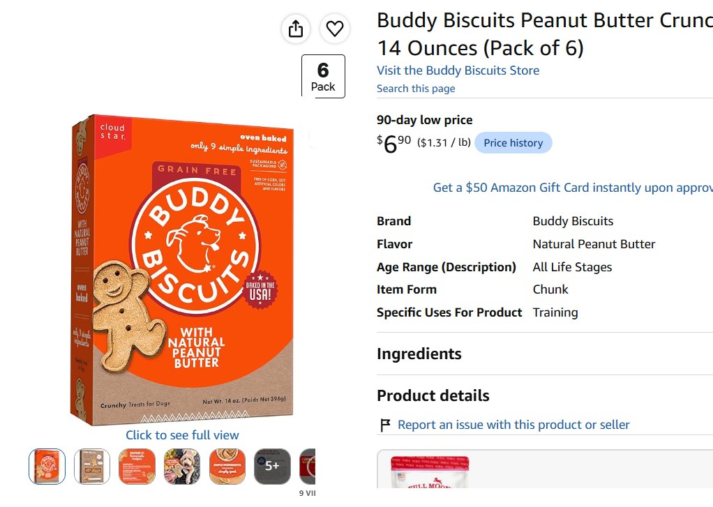 Glitch Price: 6 Bottles of 14oz Buddy Biscuits Grain Free Crunchy Treats with Peanut Butter only $6.90 (Reg $36)